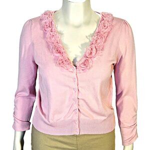 Nue Options Cardigan Sweater Womens XL Baby Pink Rosette Embellished Collar